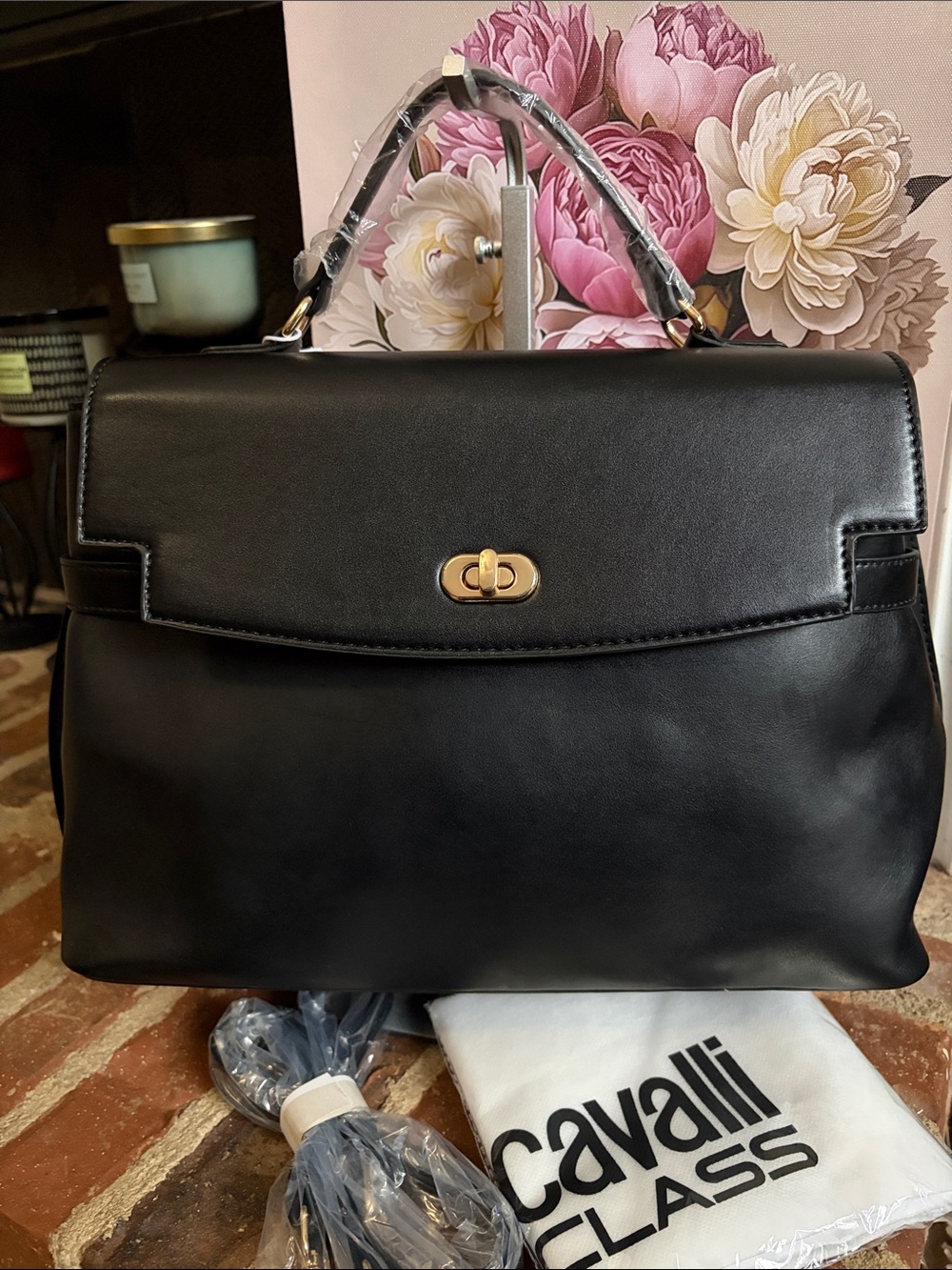 Cavalli Class Black Leather Top-Handle Satchel with Gold-Tone Hardware